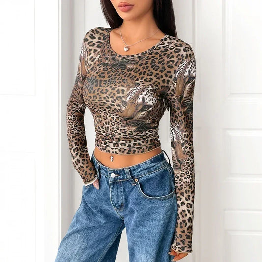 Women's Vintage Leopard Print Long-sleeved T-shirt - DanaFashionstore