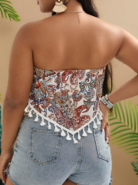 Plus Size Print Tassel Trim Summer Top - DanaFashionstore