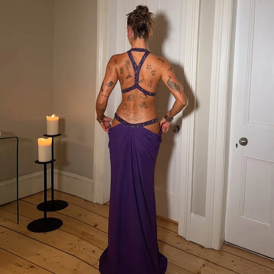 European And American-style Sexy Backless Patchwork Hollow-out Halter-neck Slimming Vest Dress - DanaFashionstore