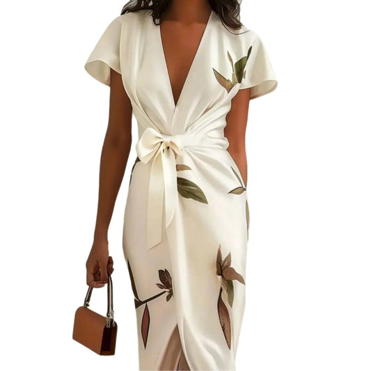 European And American V-neck Short-sleeved Lace-up Digital Printed Dress