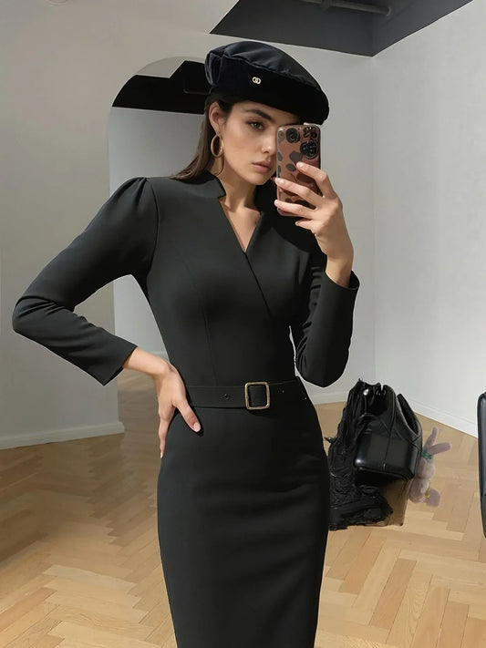 Slim-fitting Casual Suit Dress V-neck Long-sleeved Dresses Commuting Office Clothing For Women - DanaFashionstore
