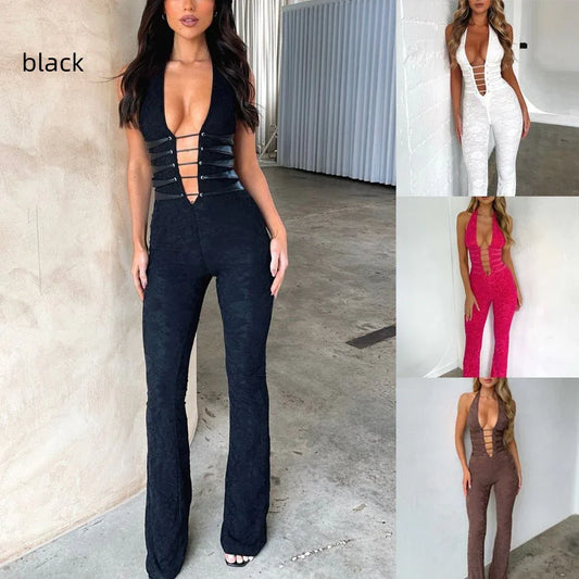 Lash Rope Lace Up Slim Fit Jumpsuit See-through Lace - DanaFashionstore