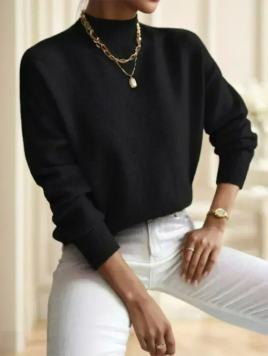 A Solid-color Long-sleeved Top With A High Neckline For Ladies - DanaFashionstore