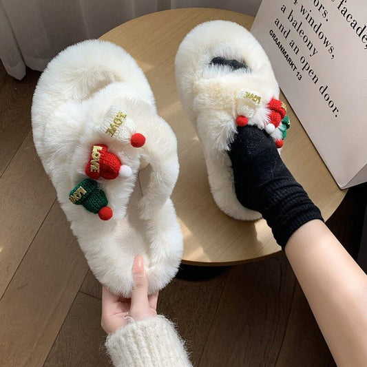 Christmas Hat Fluffy Slippers Women's Warm Toe Covering Cotton Slippers $49.50 Dana Fashion Color: Beige Size: 35 Women's shoes Product information: Sole material: rubber Shoe Upper material: Plush Applicable Gender: Female Thickness: thickening Sole craf