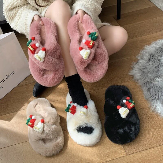 Christmas Hat Fluffy Slippers Women's Warm Toe Covering Cotton Slippers $49.50 Dana Fashion Color: Beige Size: 35 Women's shoes Product information: Sole material: rubber Shoe Upper material: Plush Applicable Gender: Female Thickness: thickening Sole craf