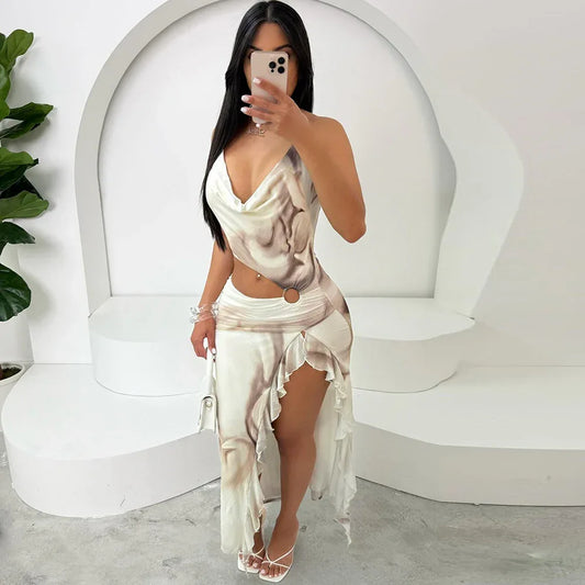 Color-blocked Off-shoulder Tie-neck Crop Print Irregular Skirt - DanaFashionstore