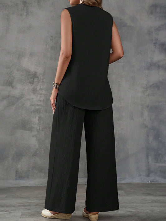 Women Sleeveless Textured Vest And Wide-Leg Button Front Pants Set - DanaFashionstore