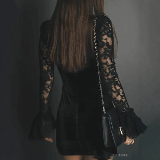 Solid-color Textured Long-sleeve Elegant French-style Dress