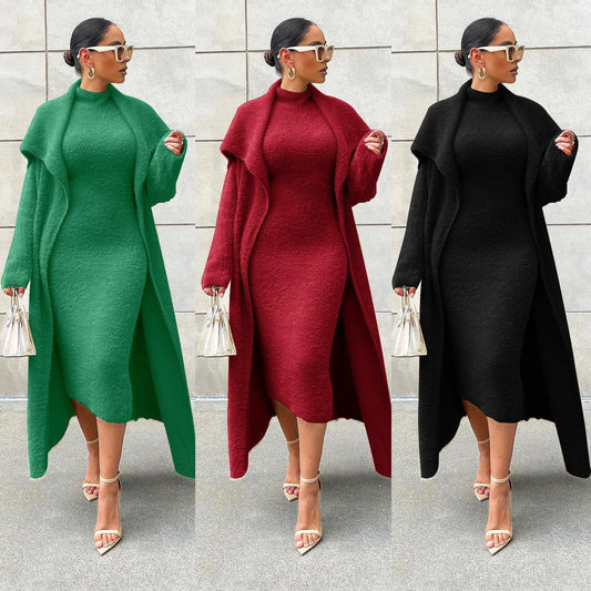 Autumn And Winter Elegant Dress Long Cardigan Velvet Two-piece Suit - DanaFashionstore