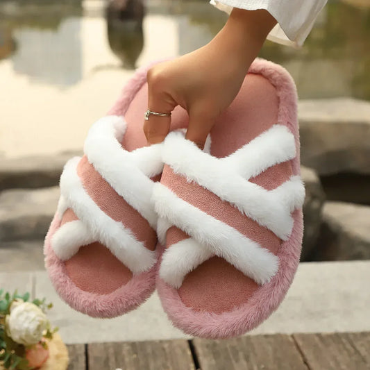 Fluffy Slippers Cross Strap Stitching Warm Casual Platform Slippers - DanaFashionstore