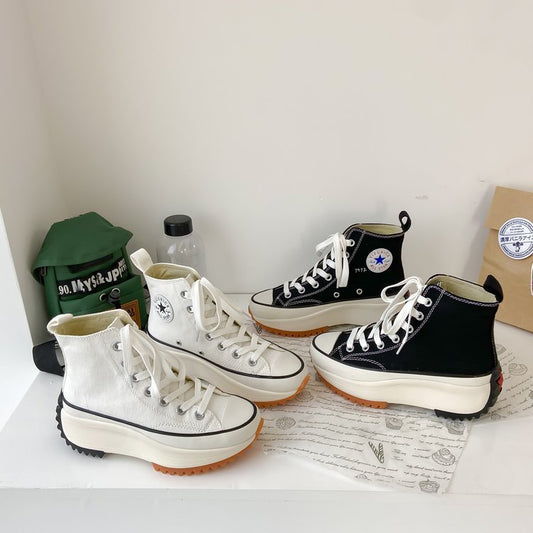 Large Size Women's High-top Canvas Shoes New Korean Style Sports Casual Shoes Versatile Platform Round Toe White Shoes - DanaFashionstore