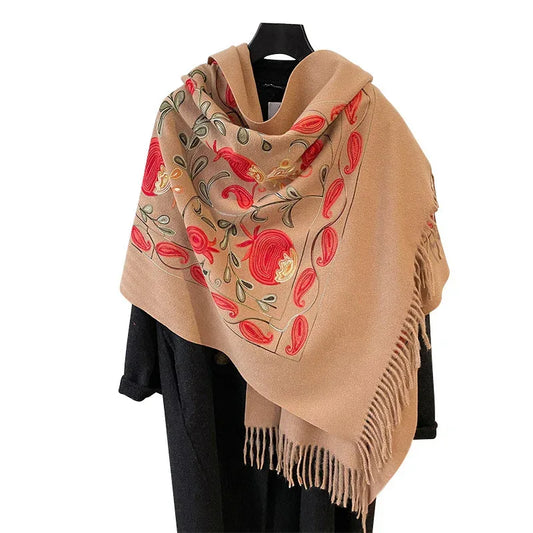 Contrast Color Pomegranate Leaf Embroidered Double-sided Shawl - DanaFashionstore