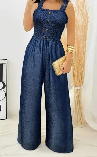 Stylish Ruched Jumpsuit - Sleeveless, Shirred, Wide Leg, Solid Color, Button Decor, Casual, Spring & Summer Essential - Women's Fashion Clothing For Warm Weather - DanaFashionstore