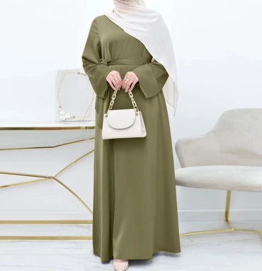 Women's Satin Dress, Simple Solid Color, Loose Fit, Round Neck, Long Sleeves