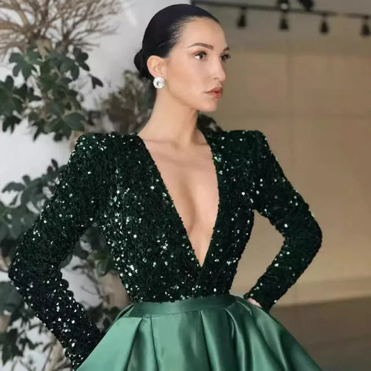 Women's Long Sleeve Sequin V-neck Sequins Evening Dress - DanaFashionstore