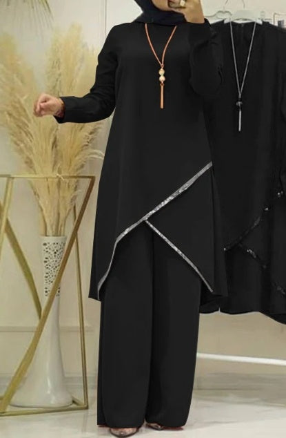 O-collar Long Sleeve Shirt Wide Leg Pants Suit Casual Women's Suit