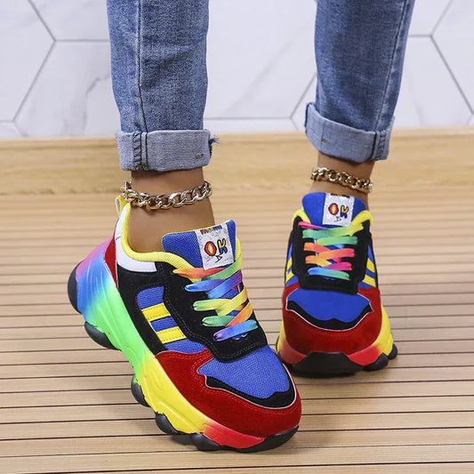 Women's Fashion Thick Bottom Colorful Front Lace-up Sneakers - DanaFashionstore