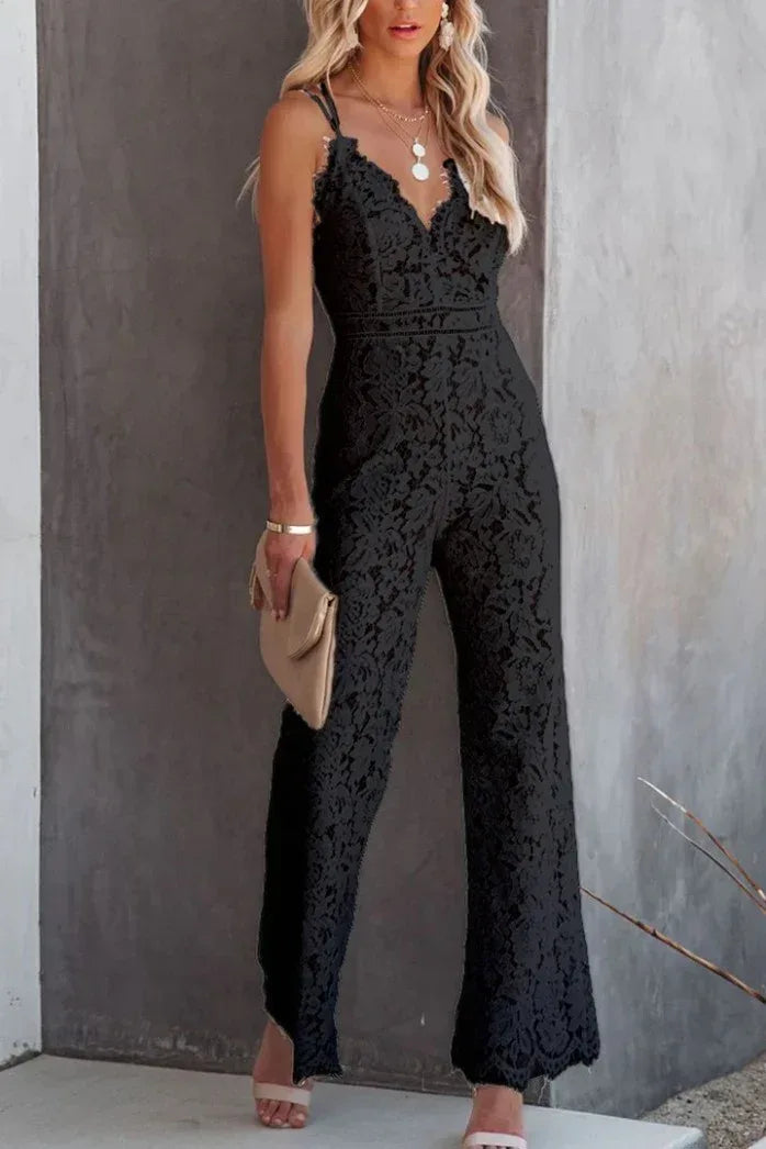 Solid Color Lace Stitching Sleeveless Casual Suspender Jumpsuit - DanaFashionstore