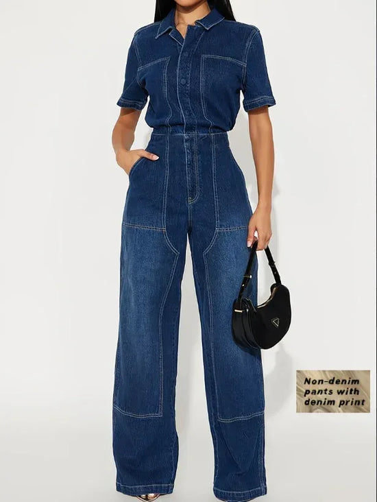Workwear-style Short-sleeved Lapel Jumpsuit With Wide Legs - DanaFashionstore