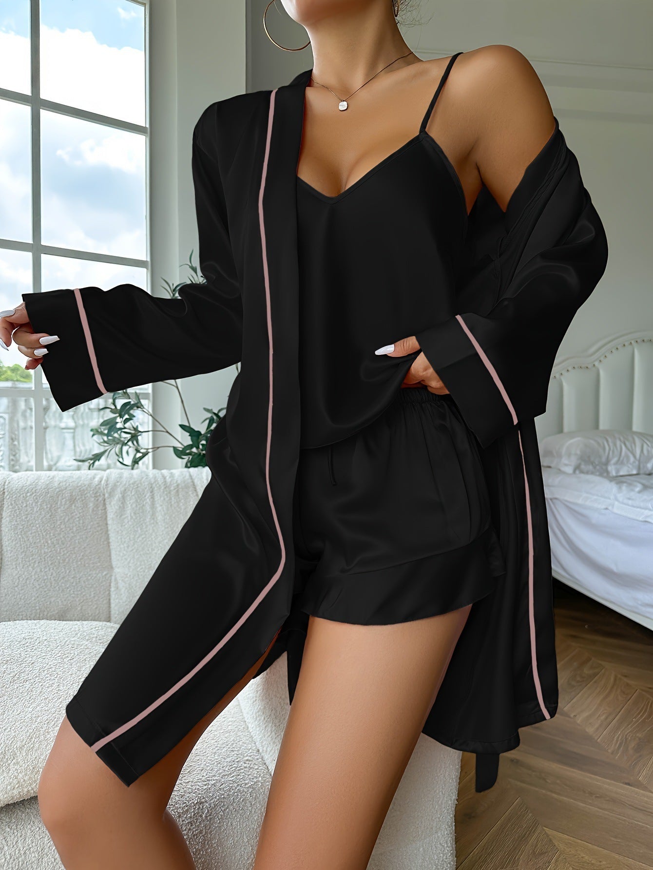 Ice Silk Sling Shorts Nightgown Three-piece Set - Dana Fashion