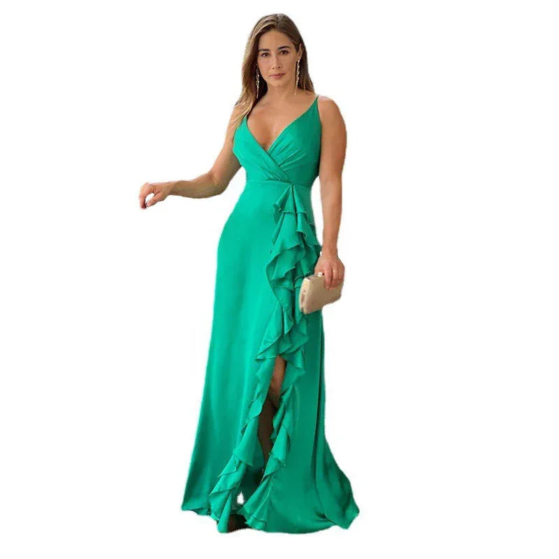 V-Neck High Waist Ruffle Dress 2026 - Irregular Slit Summer Dress - DanaFashionstore