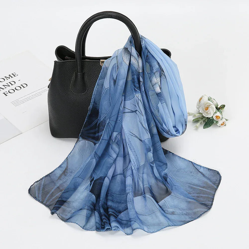 Thin Chiffon Lotus Pond Moonlight Printed Silk Scarf - DanaFashionstore