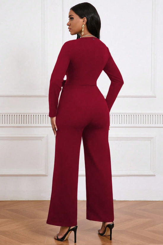 Simple And Stylish, Elegant Commuting Jumpsuit, Long Sleeve Straight Jumpsuit, V-neck, Cross Pleated, Tie-up Casual Jumpsuit, For Everyday Wear.