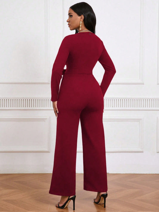 Simple And Stylish, Elegant Commuting Jumpsuit, Long Sleeve Straight Jumpsuit, V-neck, Cross Pleated, Tie-up Casual Jumpsuit, For Everyday Wear.