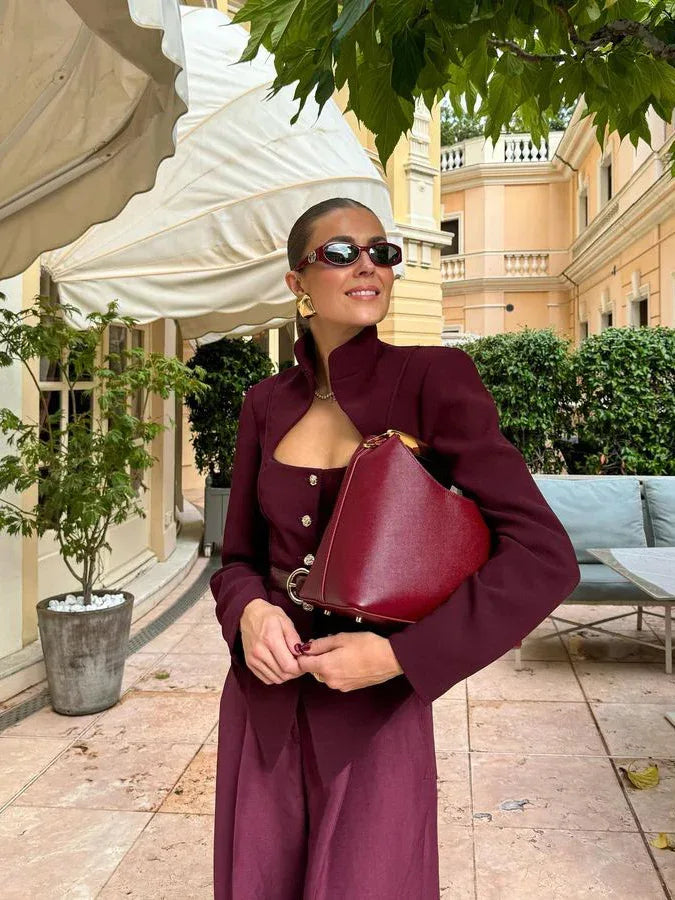 Burgundy Stand Collar Long Sleeve Top - DanaFashionstore