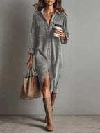 Turn-Down Collar Buttons Chic Casual Dress, Women Spring Autumn Solid Simple Party Dress, Long Sleeve Holiday Ladies Dress - DanaFashionstore