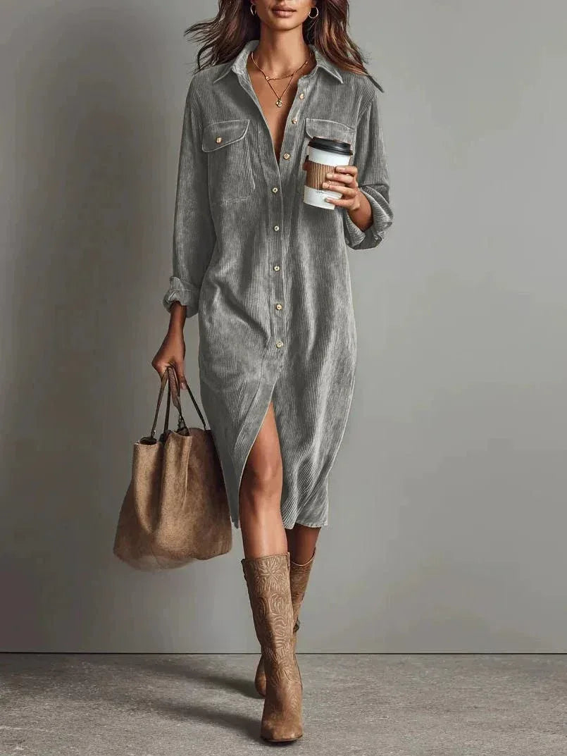 Turn-Down Collar Buttons Chic Casual Dress, Women Spring Autumn Solid Simple Party Dress, Long Sleeve Holiday Ladies Dress - DanaFashionstore