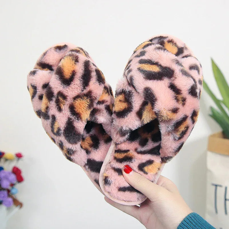 Cross-strap Fuzzy Slippers Leopard Plush House Shoes Flat Bedroom Slippers Slippers For Women - DanaFashionstore