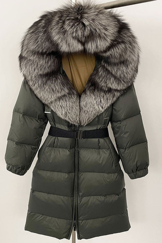 Women's Long Cinched Hoodie Real Fox Fur Collar Coat