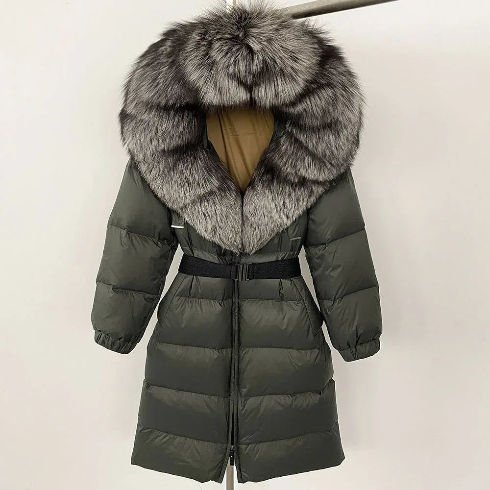 Women's Long Cinched Hoodie Real Fox Fur Collar Coat 2026 - Winter Jacket - DanaFashionstore