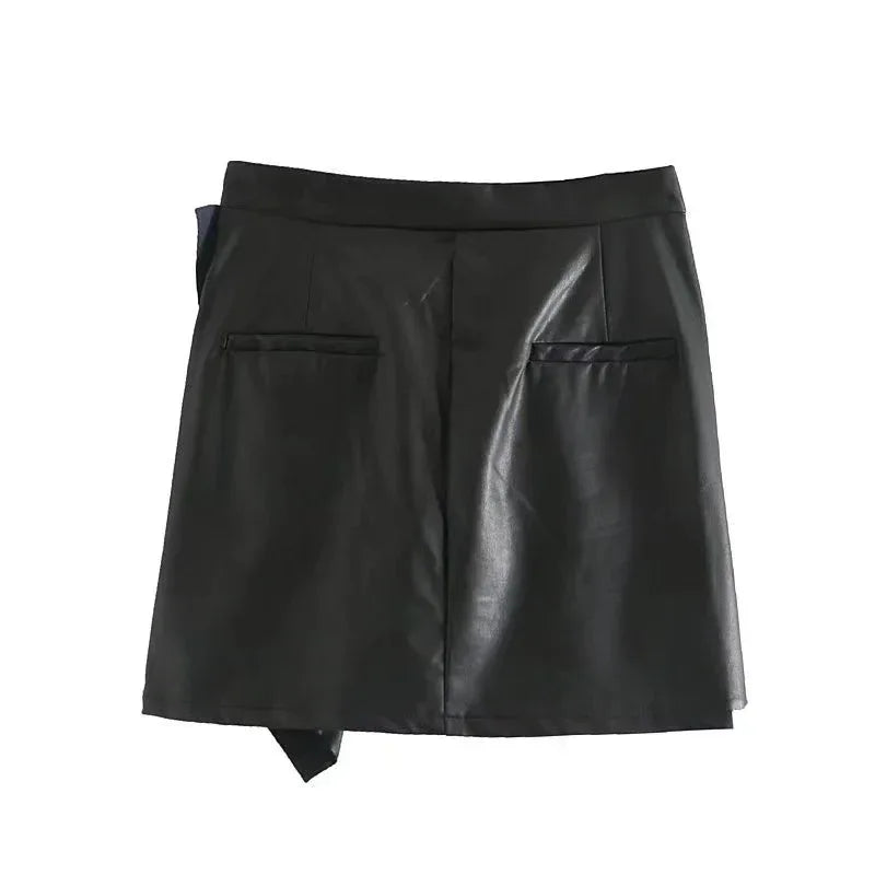 Women's Ruffle Trim Artificial Hip Leather Skirt - DanaFashionstore