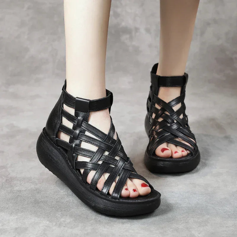 New Ethnic Style Retro Wedge Sandals Women's Casual Bag Heel Sandal Boots Cowhide Fish Mouth Sandals - DanaFashionstore