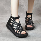 New Ethnic Style Retro Wedge Sandals Women's Casual Bag Heel Sandal Boots Cowhide Fish Mouth Sandals - DanaFashionstore