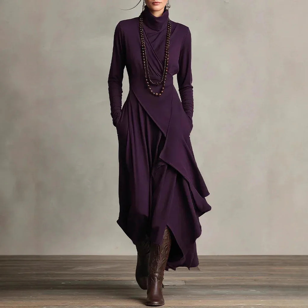 Women's Solid Color Cross-sleeve High-neck Dress - DanaFashionstore