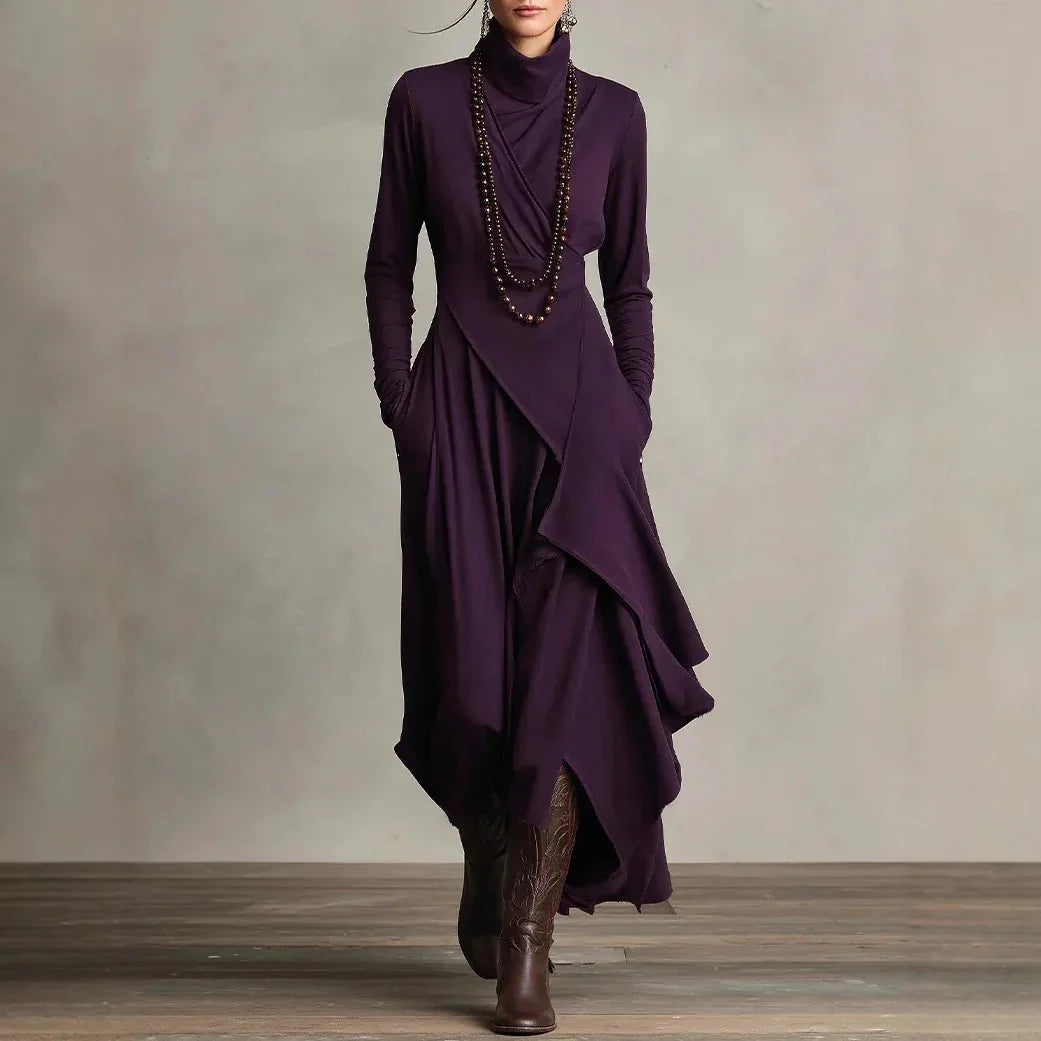 Women's Solid Color Cross-sleeve High-neck Dress - DanaFashionstore