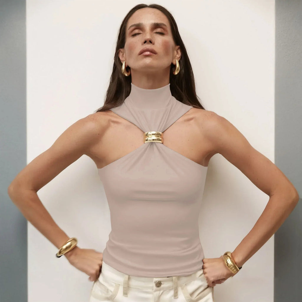 Gold Ring Sleeveless Cold-shoulder Stretch Top - DanaFashionstore