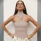 Gold Ring Sleeveless Cold-shoulder Stretch Top - DanaFashionstore