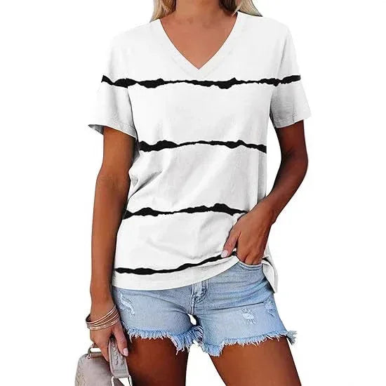 Casual Top Fashion Trend Stripes Short Sleeve Women V-neck - DanaFashionstore