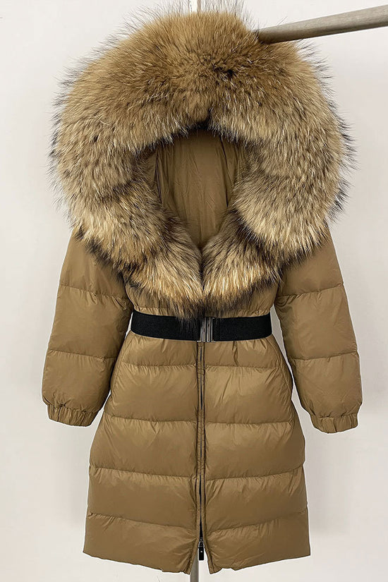 Women's Long Cinched Hoodie Real Fox Fur Collar Coat