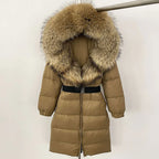 Women's Long Cinched Hoodie Real Fox Fur Collar Coat 2026 - Winter Jacket - DanaFashionstore