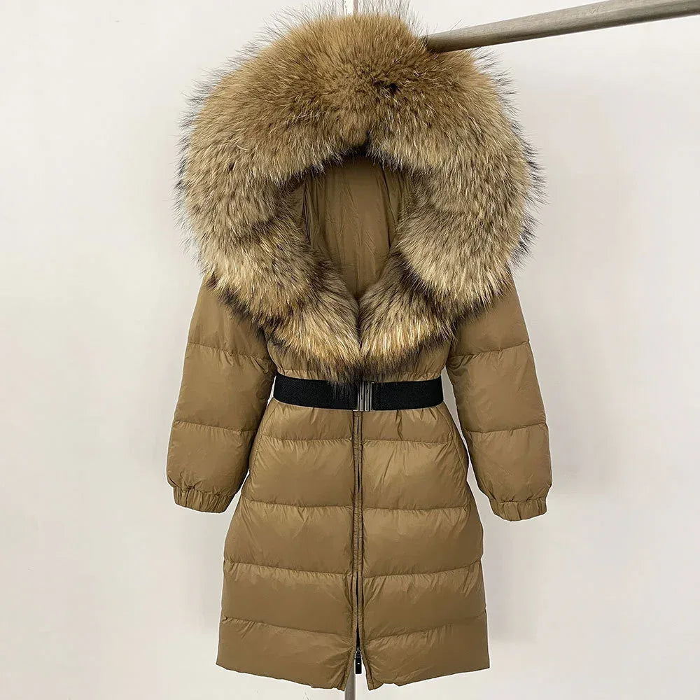 Women's Long Cinched Hoodie Real Fox Fur Collar Coat 2026 - Winter Jacket - DanaFashionstore