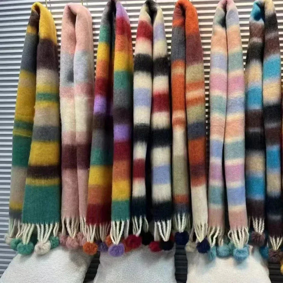 Rainbow Dopamine Mohair Tassel Scarf - DanaFashionstore