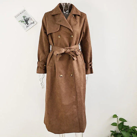 Double Breasted Lapel Shift Coat With Belt Fashion Vintage Suede Long Coat Winter Outwear Women's Clothing - DanaFashionstore