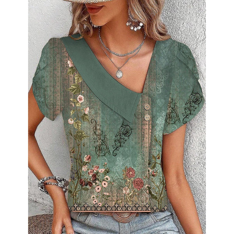 Casual Diagonal Collar Short-sleeved T-shirt