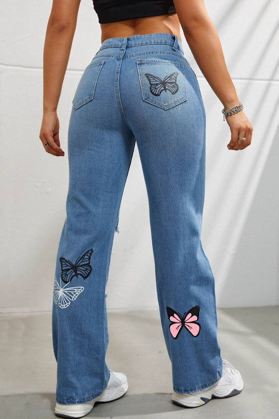 High Waisted Straight Leg Jeans For Women Trendy Butterfly Print Ripped Distressed Denim Pants