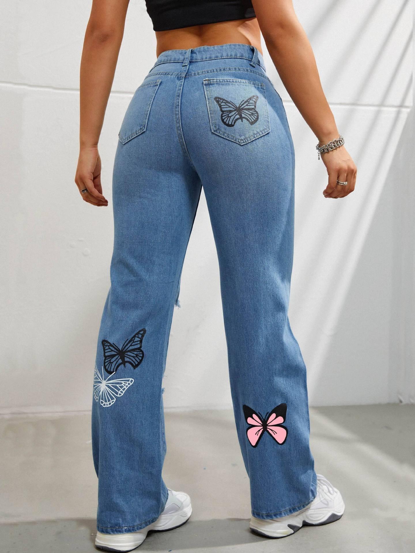 High Waisted Straight Leg Jeans For Women Trendy Butterfly Print Ripped Distressed Denim Pants - DanaFashionstore